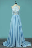2024 A Line Chiffon Halter Prom Dresses With Applique And Slit PD7TM4FK