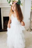 A Line Round Neck Tulle White Straps Flower Girl Dresses with Lace, Baby Dresses STK15021