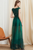 Green A-Line Round-Neck Prom Dress with Sequins
