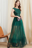 Green A-Line Round-Neck Prom Dress with Sequins