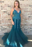 Spaghetti Straps Sweep Train Tulle Prom Dress With Beading Mermaid Formal STKPTEYM3D7