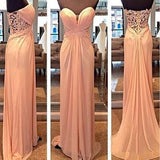 Lace See Through Blush Pink Sweetheart Strapless Open Back A-Line Long Prom Dresses