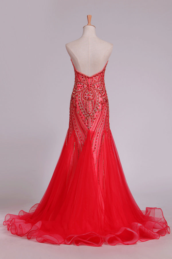 2024 Sweetheart Prom Dresses Tulle With Beading Mermaid P6GQH2SM