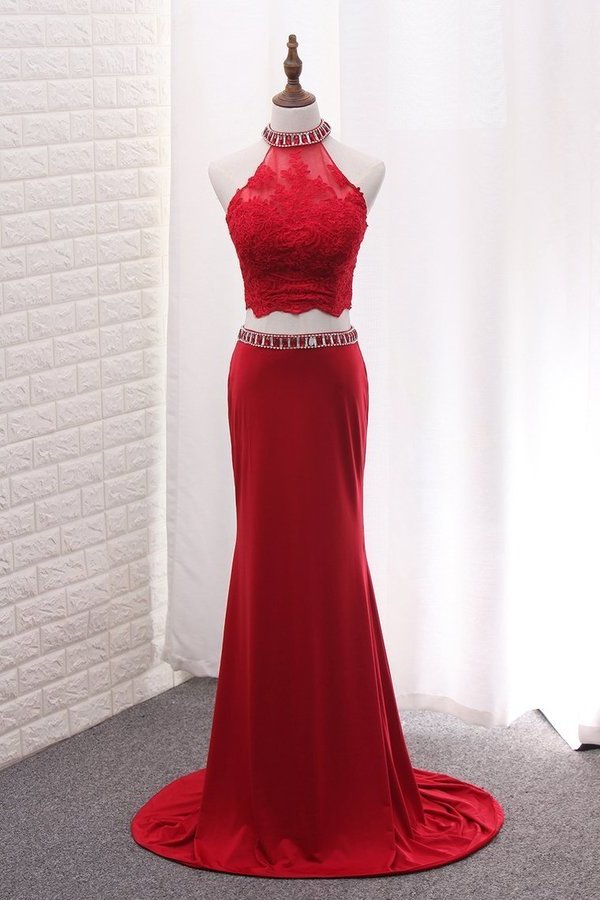 2024 Two Pieces High Neck Spandex Prom Dresses With Applique And Beads PKR7MZLC