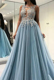 A Line Sleeveless See Through Tulle Prom Dress With Appliques Floor Length Formal STKPMLLSKLL