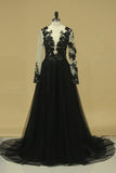 2024 Tulle Scoop Long Sleeves A Line Prom Dresses With Slit P5EAA46H