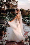 Elegant A Line V Neck Tulle Wedding Dresses with Flowers, V Back Beach Wedding Gowns STK15513