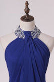 2024 Dark Royal Blue Halter Bridesmaid Dresses Chiffon With Beading Floor PG66KP3B