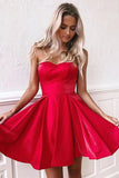 Simple Red Satin Sweetheart Strapless Homecoming Dresses Above Knee Short Prom Dresses STK14982