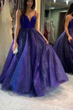 Sparkly Dark Royal Blue Spaghetti Straps V Neck A line Prom Dresses, Formal STK20479