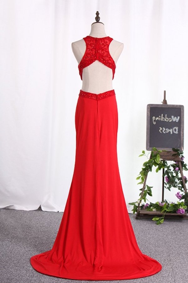 2024 Sexy Open Back Scoop Mermaid Prom Dresses Spandex With P3J7S6PD