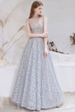 A-line Spaghetti Straps Prom Dress Long Decorative Pattern Evening Dress