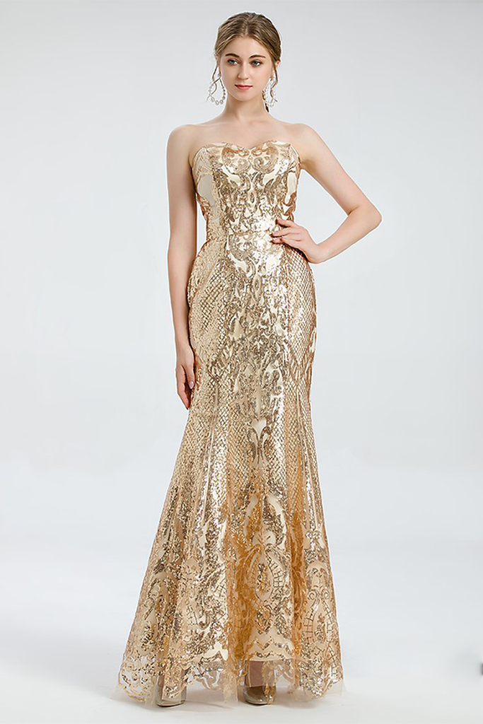 Glitter Strapless Gold Prom Dresses Long Plus Size Formal Dresses