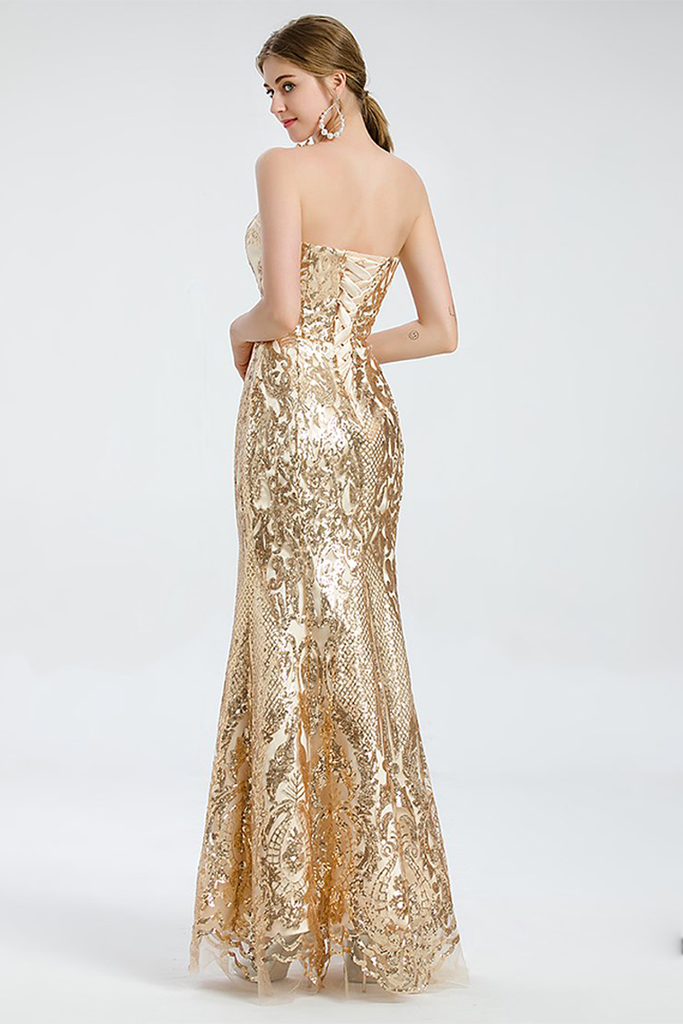 Glitter Strapless Gold Prom Dresses Long Plus Size Formal Dresses