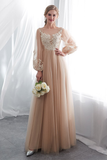 Fabulous Scoop Champagne Prom Dress Long Sleeves Appliques Evening Dress