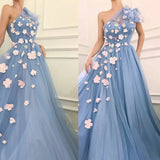 Charming One Shoulder Blue Tulle 3D Flowers Prom Dresses, Long Cheap Dance Dresses STK15119