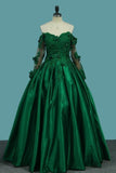 2024 Off The Shoulder Long Sleeves Prom Dresses A-Line Satin With Applique P794PTSY