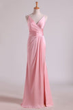 2024 Bridesmaid Dresses V Neck A Line Chiffon With Slit And PN6GSBQ5