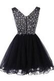 Sparkly Classy Short Sleeveless Cute V-Neck Beaded Tulle Crystals Homecoming Dresses
