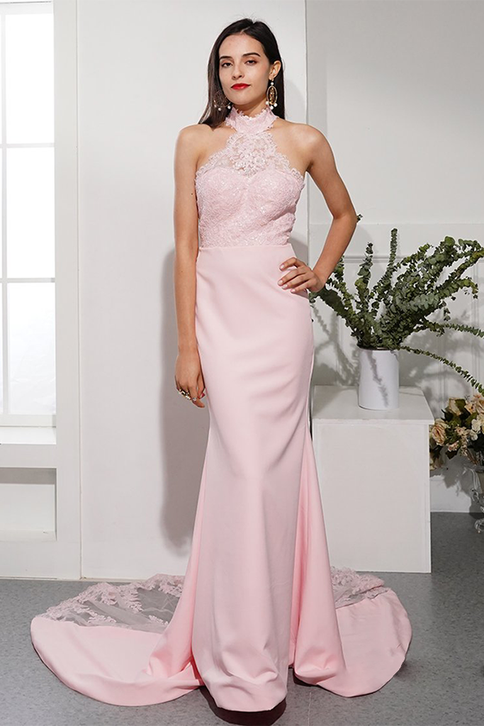 Hot Selling Pink Prom Dresses Long Spaghetti Straps Appliques Evening Dresses