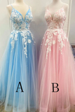 New Spaghetti Strap Floor Length A Line Tulle Prom Dress With Appliques Formal STKP3CZ9RMF