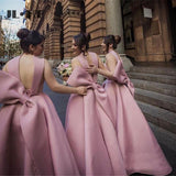 Ball Gown High Neck Satin V Neck Bridesmaid Dresses with Bowknot, Wedding Party Dress STK15559