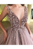Beaded Tulle Deep Illusion V Neck Ball Gown Prom Dress PD2GRFSC