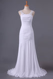 2024 White Prom Dresses Straps Mermaid/Trumpet Ruffled Bodice Beaded PN24ZDF5