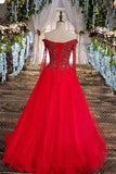 2024 Boat Neck A-Line Red Prom Dresses Tulle Lace Up With Appliques And Bow Knot Beaded Bodice PR12D19S