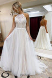 A Line Halter Tulle Wedding Dress with Top Lace, Backless Beach Wedding Dresses STK15547