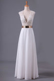 2024 White V Neck Beaded Bodice Prom Dresses A Line Chiffon With Sash PLG3K95N