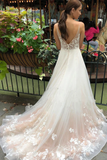Tulle V Neck Embroidery Long Spaghetti Straps Wedding Dresses Bridal STKP8X6HDFG