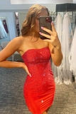 Glitter Rhinestones Strapless Short Red Homecoming Dress Party Dress