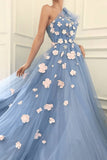 Charming One Shoulder Blue Tulle 3D Flowers Prom Dresses, Long Cheap Dance Dresses STK15119