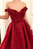 Charming Red Lace Off the Shoulder Prom Dresses, V Neck Handmade Flowers Party Dresses STK15121