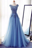 Appliques A-Line Sleeveless Ice Blue Tulle Prom Dresses P8347C4X