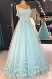 Cheap A Line Strapless Floor Length Tulle Prom Dress With Flowers Appliqued Formal STKPS5H8PGM