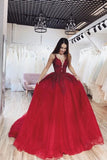 Ball Gown V Neck Spaghetti Straps Tulle Prom Dresses PGXA8M83