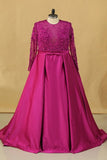 2024 Hot Plus Size Prom Dresses Scoop A Line Satin Long Sleeves With P3S9F9EJ