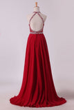 2024 A Line Halter Open Back Prom Dresses Sweep Train Chiffon & Tulle With PP1YG14G
