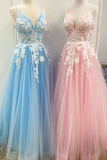 New Spaghetti Strap Floor Length A Line Tulle Prom Dress With Appliques Formal STKP3CZ9RMF