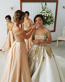 Off-the-Shoulder Sweetheart Long Pink A-Line Beads Open Back Bridesmaid Dresses