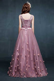 A Line Floor Length Scoop Neck Sleeveless Lace Up Appliques Beading Prom Dresses