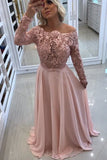 2024 Boat Neck Long Sleeves Prom Dresses A Line Chiffon With Applique PP88BK4H