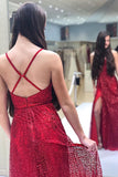 Sparkly V Neck A Line Red Spaghetti Straps Prom Dresses with Slit, Evening STK20447