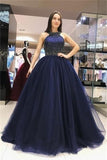 Ball Gown Long Navy Blue Beading Tulle Princess Prom Dresses PBR1FY8Q