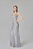 Sexy V Neck Silver Mermaid Prom Dresses, Embroidered Sequins Long Evening Dresses STK15368