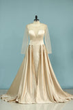 2024 Prom Dresses Scoop Long Sleeves Satin A Line With PSLGMD4X