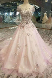 2024 Floral Scoop A-Line Prom Dresses Tulle Lace Up With Appliques P8AYFZ57