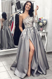 2024 Ball Gown One Shoulder Long Sleeves Grey Satin Split White Lace Long Prom Dresses With Pockets PX11J565